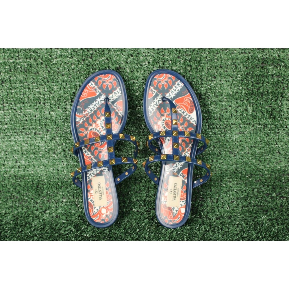 Valentino Rockstud Flat Sandals Blue Multicolor 38/8 Summer Casual "AS IS" Read